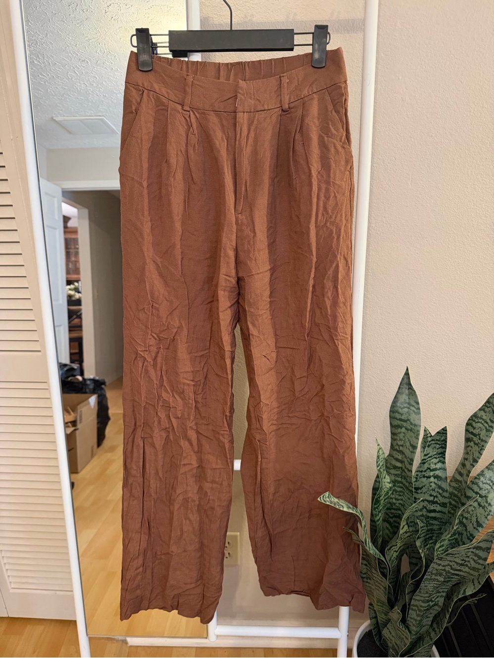 Vici Wide-Leg Rust Brown Linen-Blend Pants
